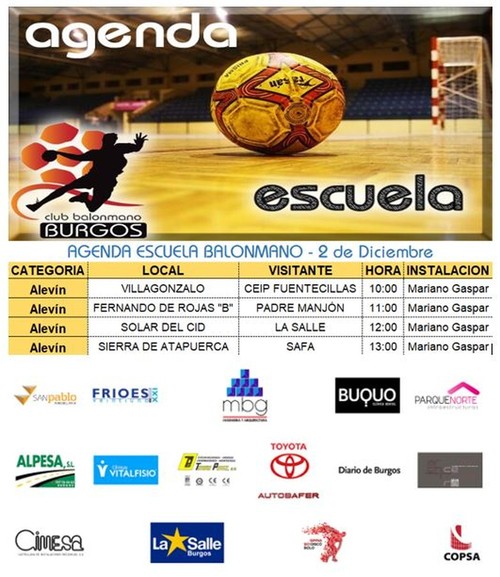 Agenda de la escuela de balonmano sábado 2 de Diciembre